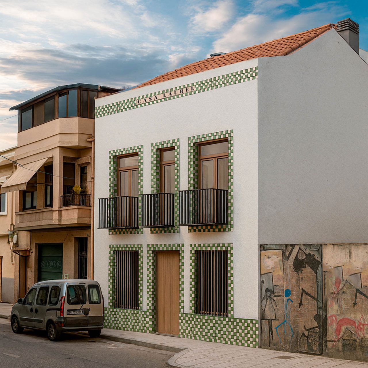 Fachada blanca y con revestimiento cerámico bicolor blanco y verde en el barrio del Cabanyal, Valencia