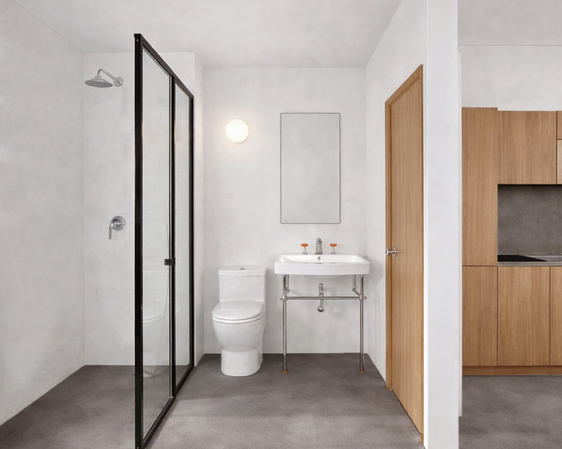 Render de baño blanco con ducha integrada